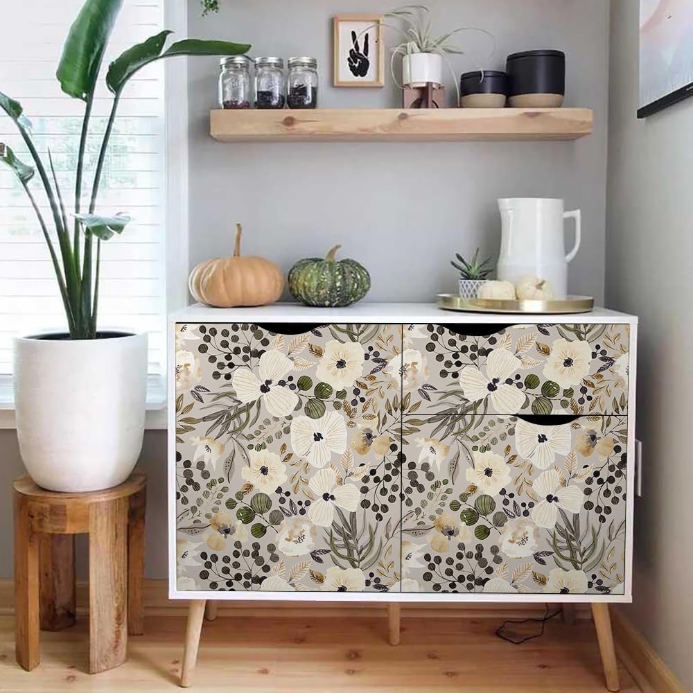 18"x236" Boho Cream/Brown Daisy Flower Peel and Stick Self Adhesive Wallpaper Removable Contact Paper Stick on Easy Peel Off Wall Paper for Kitchen Bedroom Bathroom Renter