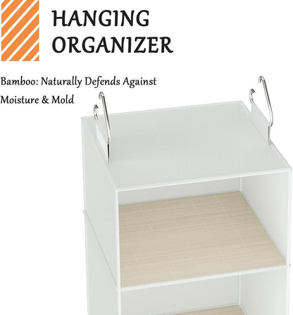 Hanging Shoe Organizer for Closet with 8 Shelves,Mesh Pockets-Wider Hanging Shelves for Shoes,Clothes,Hats with Sturdy Bamboo-Supported Design (Beige)