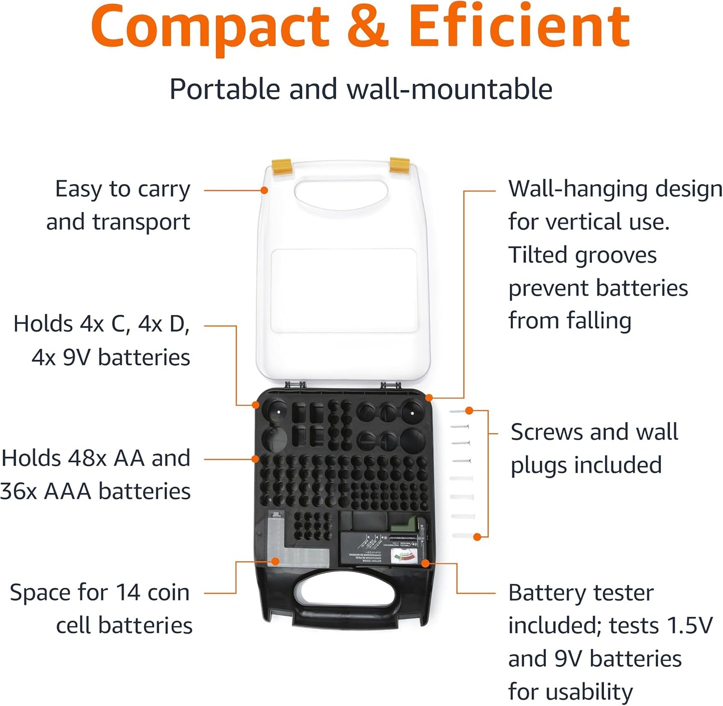 Amazon Basics Portable Battery Storage Case with Tester, Wall-Mounted Design, Carrying Handle, Holds 110 Batteries, 9.37 x 11.69 x 2.91 inches, Clear/Black