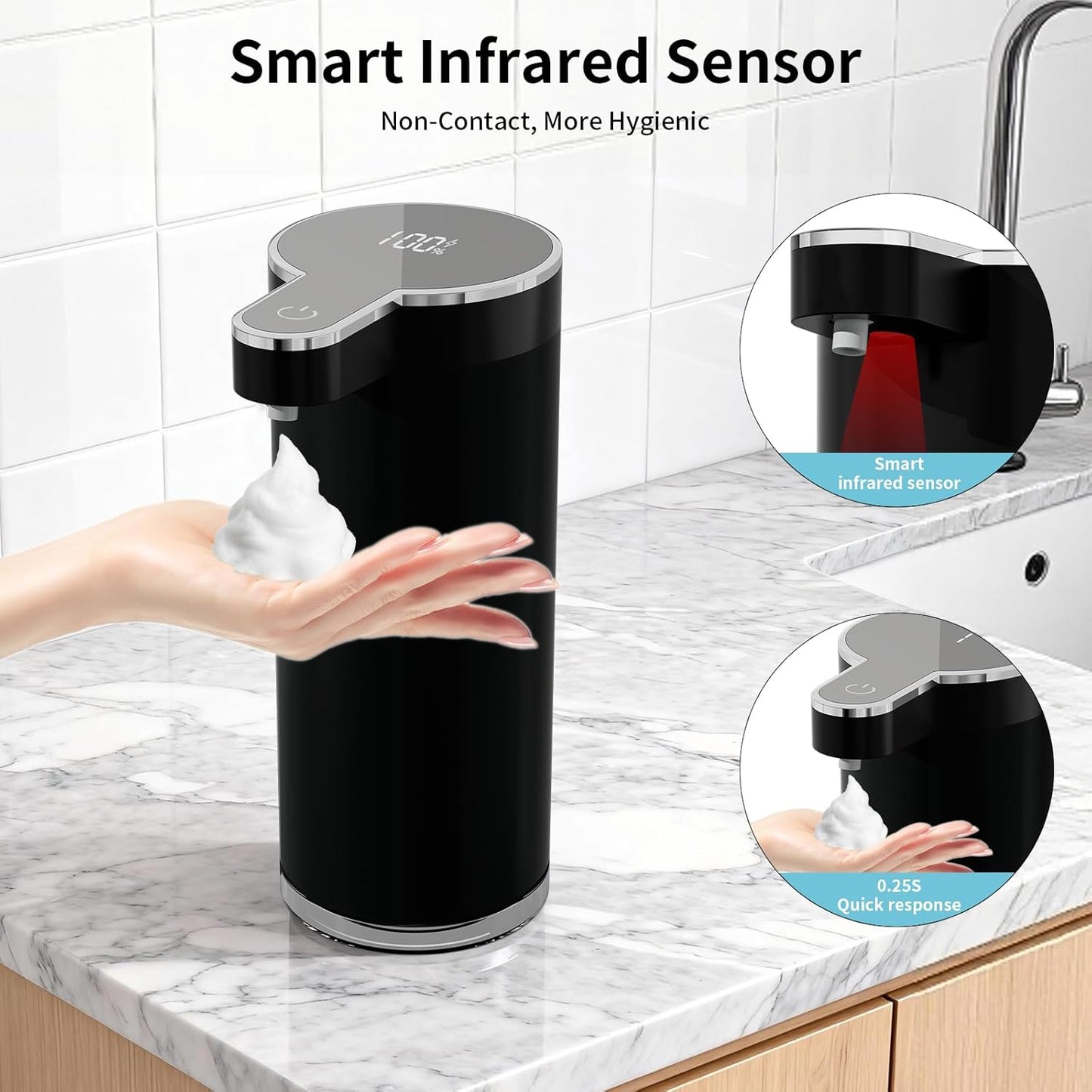 Automatic Foaming Soap Dispenser,Touchless Foam Soap Dispenser,12oz Rechargeabled Wall Mounted Smart for Bathroom and Kitchen Dish Soap,Easy for Toddlers（Brushed Silver）