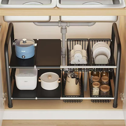 Under Sink Organizers, 2 Tier Stretchable Cabinet Shelf Organizer with 4 Removable Panels and 4 Under Shelf Basket for Under Bathroom Storage,Under Cabinet Shelves,kitchen Sink Storage Rack (black)