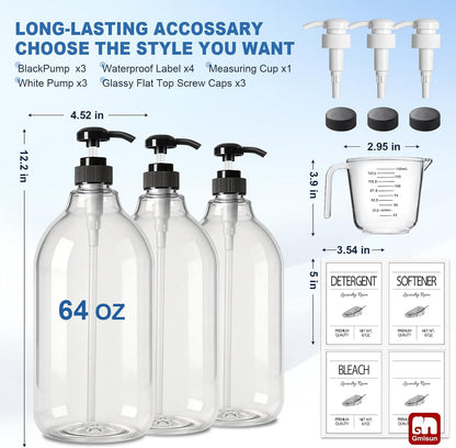 GMISUN Laundry Detergent Soap Dispenser, Liquid Laundry Detergent Dispenser, Container for Farmhouse Laundry Room Decor, Organizer for Liquid SoftenerBleach Heavy Duty Plastic Bottle(64 Oz 3 Pack)