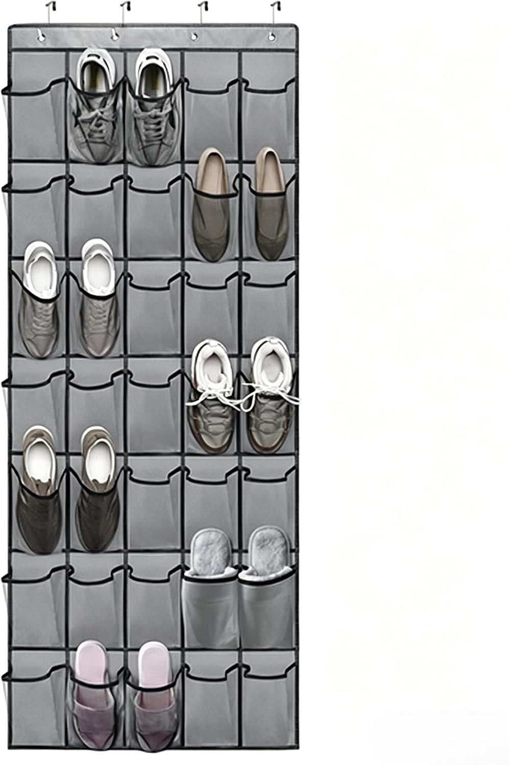 Meolsaek Over Door Shoe Organizer with 24 Breathable Mesh Pockets, Shoe Holder for Door with 4 Metal Hooks, Back of Door Shoe Organizer for Closet, Bedroom, Bathroom, Pantry (Grey - 24)