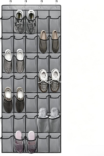 Meolsaek Over Door Shoe Organizer with 24 Breathable Mesh Pockets, Shoe Holder for Door with 4 Metal Hooks, Back of Door Shoe Organizer for Closet, Bedroom, Bathroom, Pantry (Grey - 24)