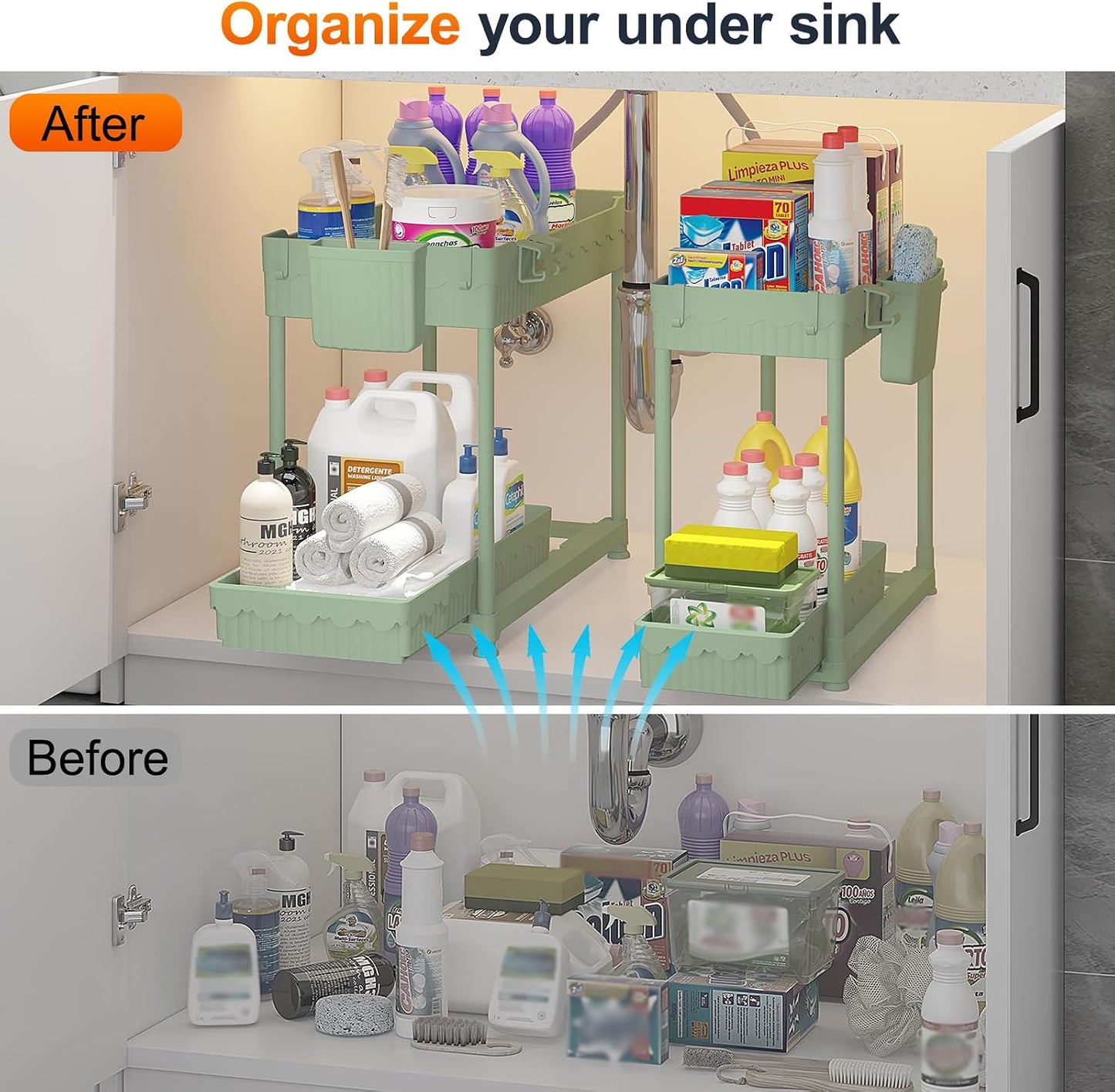 Sevenblue 4-Pack 2-Tier Under Sink Organizer with Pull Out Drawers | Multi-use kitchen & bathroom storage. Includes hanging hooks and cups. Black, space-saving cabinet design.
