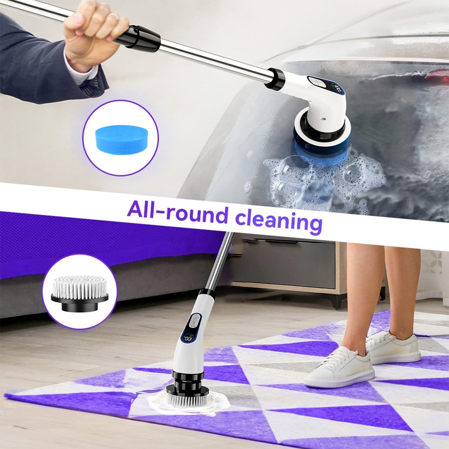 Electric Spin Scrubber Cordless – Powerful Bathroom Cleaning Brush with Long Handle, 2 Speeds, 3000mAh Rechargeable, 7 Brush Heads, Wall Hanger & Crevice Tools – Shower, Tub & Tile Cleaner