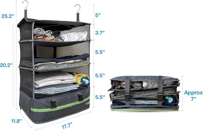 Grand Fusion Stow-N-Go Hanging Travel Shelves, Packing Organizer for Luggage. Carry on Closet for Suitcase. Expandable Packing Cube. Travel Essentials. (Black - L, L = (L) 11.8" x (W) 11.8")