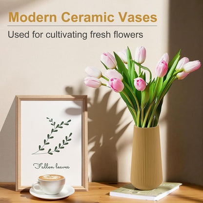 White Ceramic Vase, GUKJOB Small Cute Flower Vase for Pampas Grass, Home, Living Room, Dining Table, Farmhouse, Office Decor, Bedroom, Table, and Kitchen Shelf (White- 2PCS)