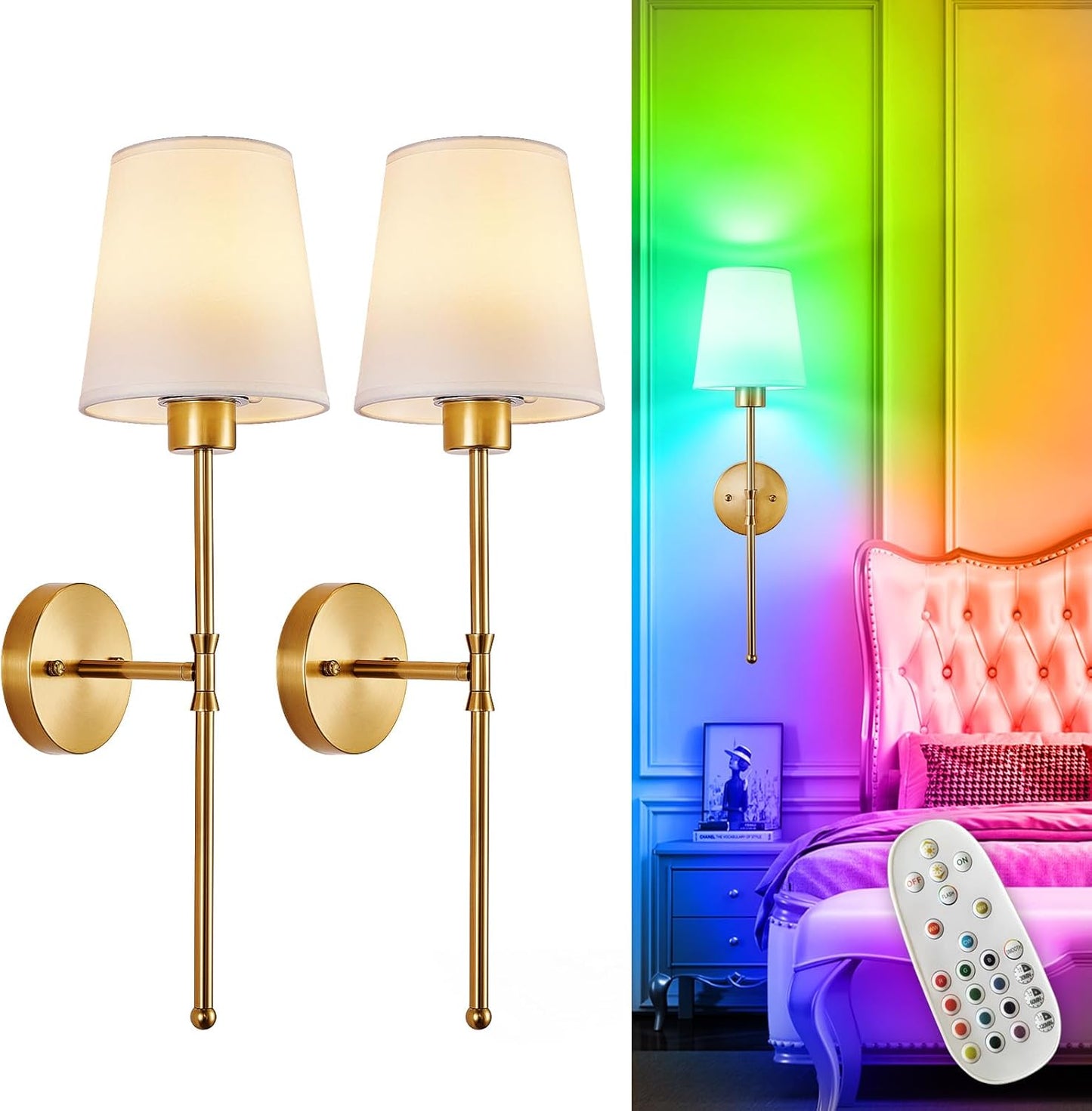 Depuley Battery Operated Wall Sconce: Set of 2 Wireless Wall Lights with 10000mAh Dimmable Bulbs and Remote for Bedroom - Rechargeable 15 Colors Gold Wall Lamp for Living Room Hallway