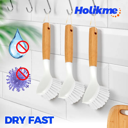 Holikme 3 Pack Dish Brush Set with Bamboo Handle, Kitchen Brushes for Cleaning Pot, Sink and Stove, Skillet Scrubber with Tough Bristles for Cast Iron Grill Pan, White Yellow Black
