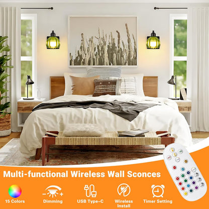 Rechargeable Battery Operated Wall Sconce Set of 2, Wireless Battery Powered Gold Wall Lamps with Green Tulip Glass, Vintage Dimmable Wall Lights with Remote Control for Bedroom Living Room