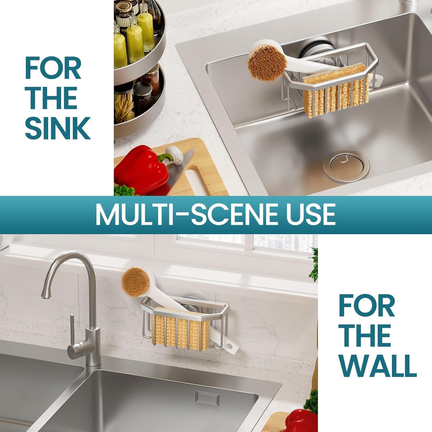 TAILI Sponge Holder with Strong Suction Cup, Dish Sponge Caddy Inside Sink Removable, Rustproof Aluminum for Sponges, Brushes, Stoppers and Scrapers - Black