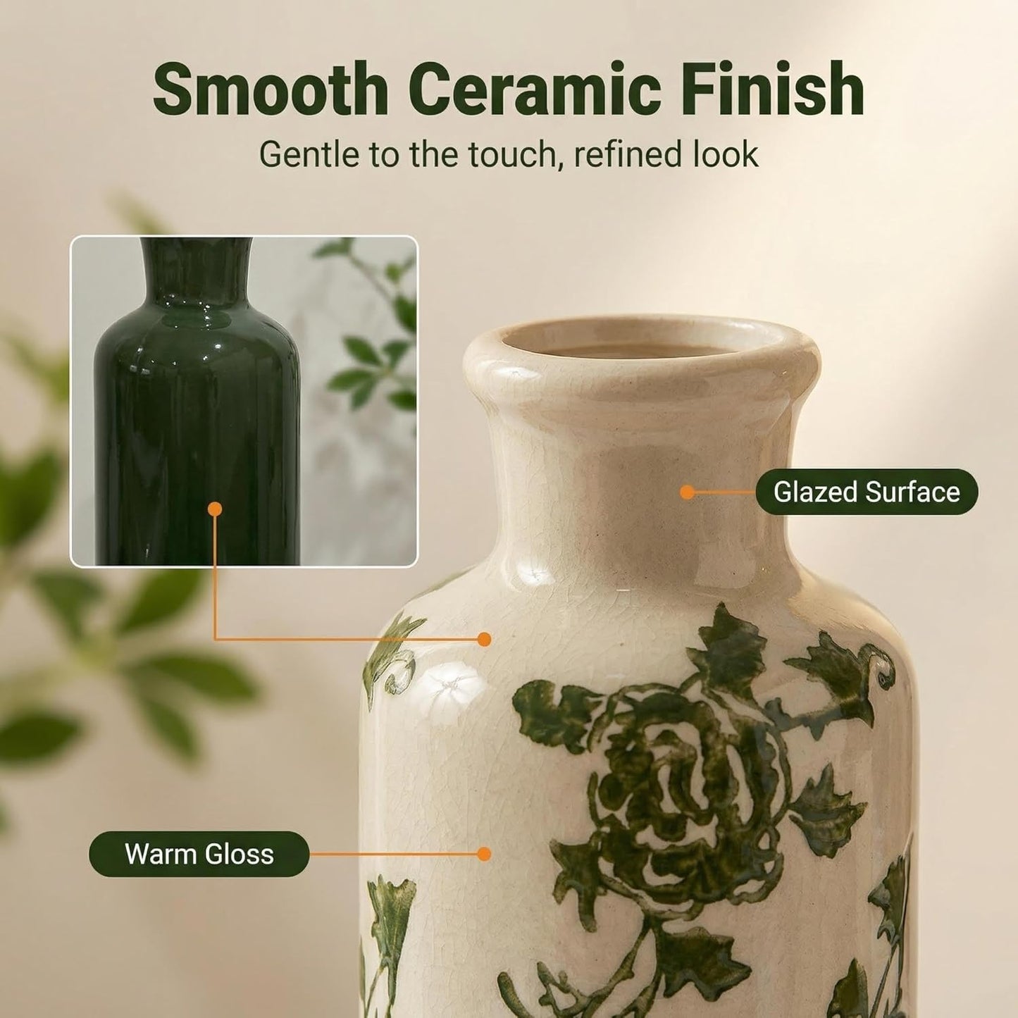 Ceramic Vase Set of 3 with Handles, Green White Neutral Rustic Modern Farmhouse Boho Decor, Versatile as Table Centerpiece or Mantel & Shelf Accent - Unique Home Gift Idea