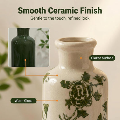 Ceramic Vase Set of 3 with Handles, Green White Neutral Rustic Modern Farmhouse Boho Decor, Versatile as Table Centerpiece or Mantel & Shelf Accent - Unique Home Gift Idea