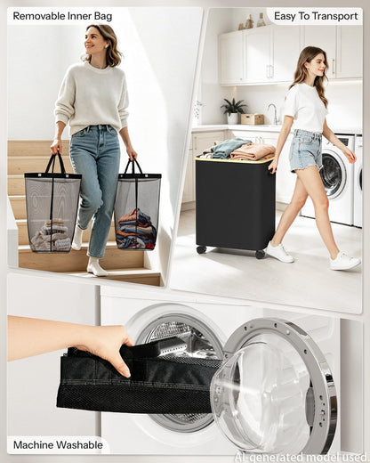 Double Laundry Hamper with Lid and Wheels, 150L Large Laundry Basket with 2 Sections & Removable Liner Bags, Rolling Dirty Clothes Basket with Handles for Bedroom, Bathroom, Dorm, College