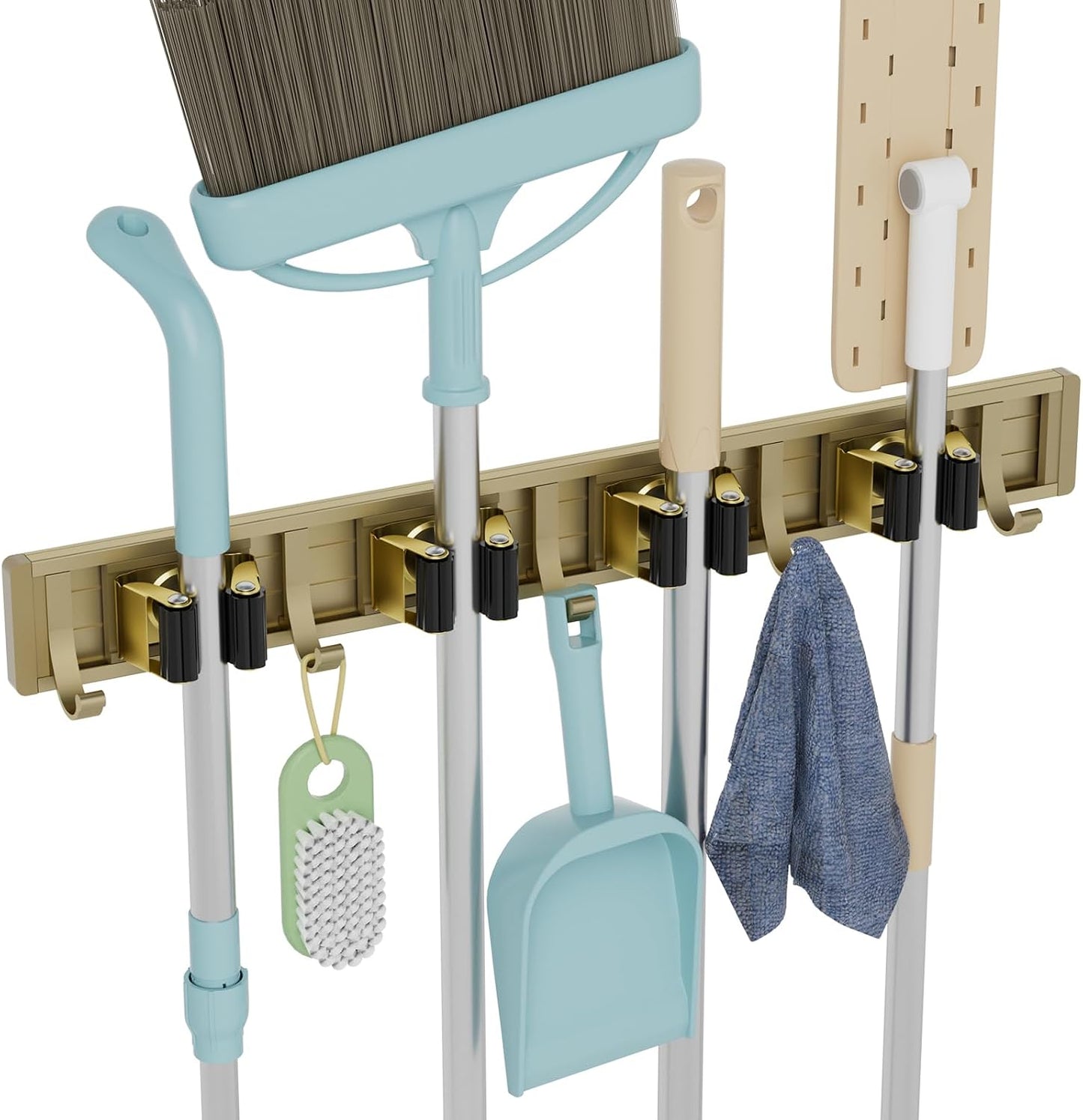 reliahom Broom Holder Wall Mount Mop Hanger Tools organizer 4Racks 5Hooks | Adjustable Mop Broom Wall Hanging Heavy duty Tools Storage Rack Space-saving for Garage,Kitchen,Laundry Room,Garden, Silver