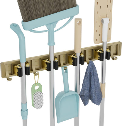 reliahom Broom Holder Wall Mount Mop Hanger Tools organizer 4Racks 5Hooks | Adjustable Mop Broom Wall Hanging Heavy duty Tools Storage Rack Space-saving for Garage,Kitchen,Laundry Room,Garden, Silver