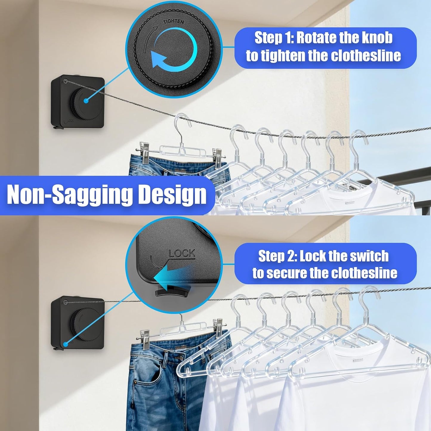 Retractable Clothesline Indoor & Outdoor, 16.2Ft Non-Sagging Stainless Steel Laundry Line with Wall Mounted Heavy Duty Design, Space-Saving Drying Rack for Bathroom, Balcony(1, White)