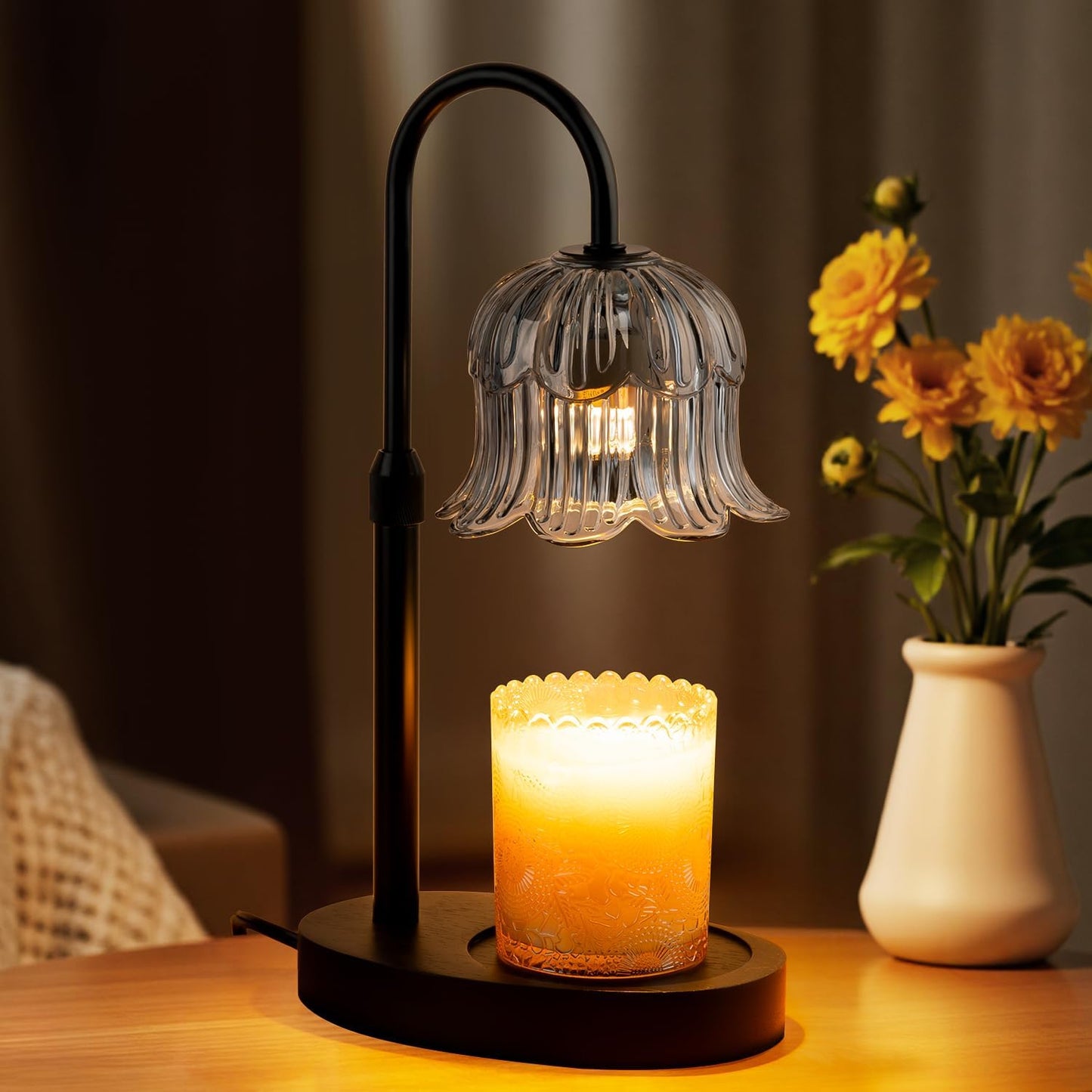 CRMILL Candle Warmer Lamp with Timer: Adjustable Dimmable Height Adjustable Warming - Flower Shape Wax Lamp Jar Candles No Flame Modern Home Decor Table Lights - Home Living Bedroom