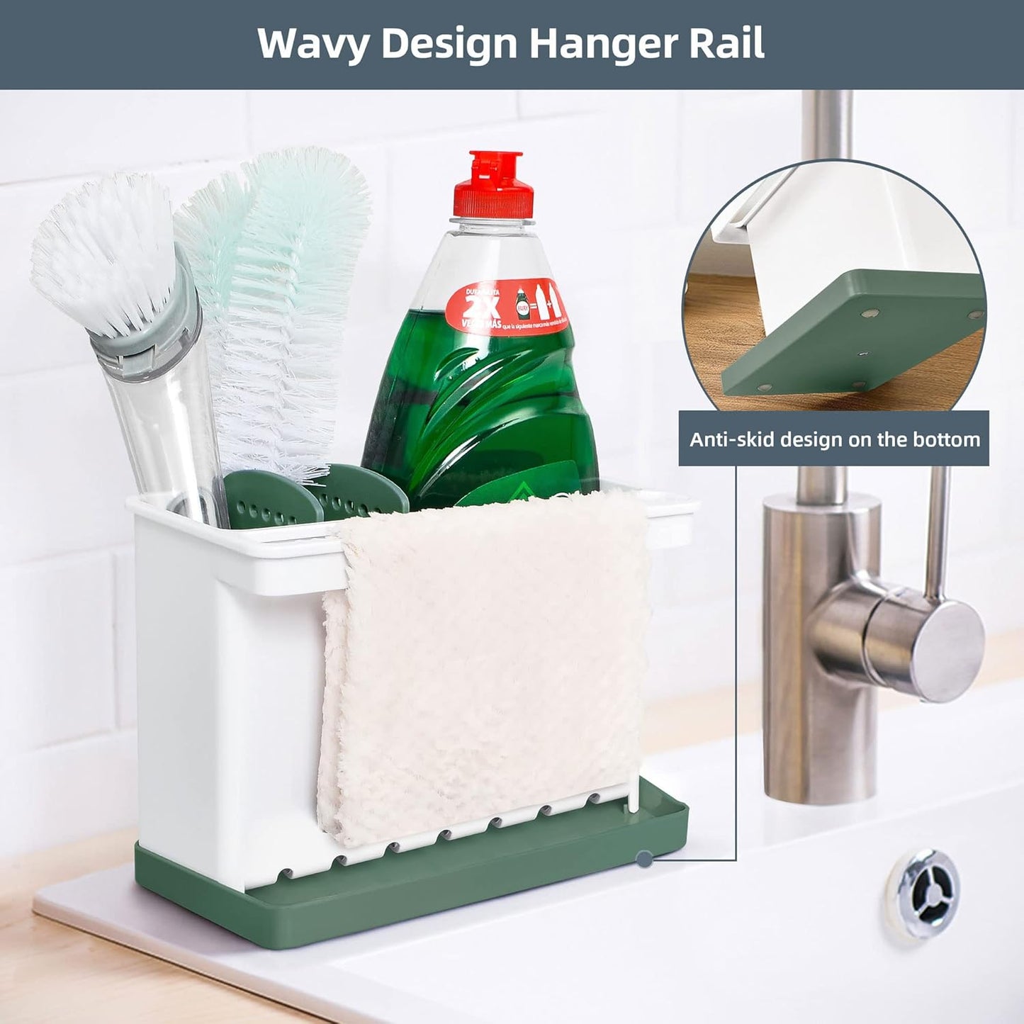 JOMOLA Kitchen Sink Organizer Dish Brush Sponge Holder Caddy Toothbrush Holders for Bathrooms Sinkware Kitchen Utensil Holder Sink Caddy Organizer with 4 Separate Dividers Removable Drain Tray (Grey)
