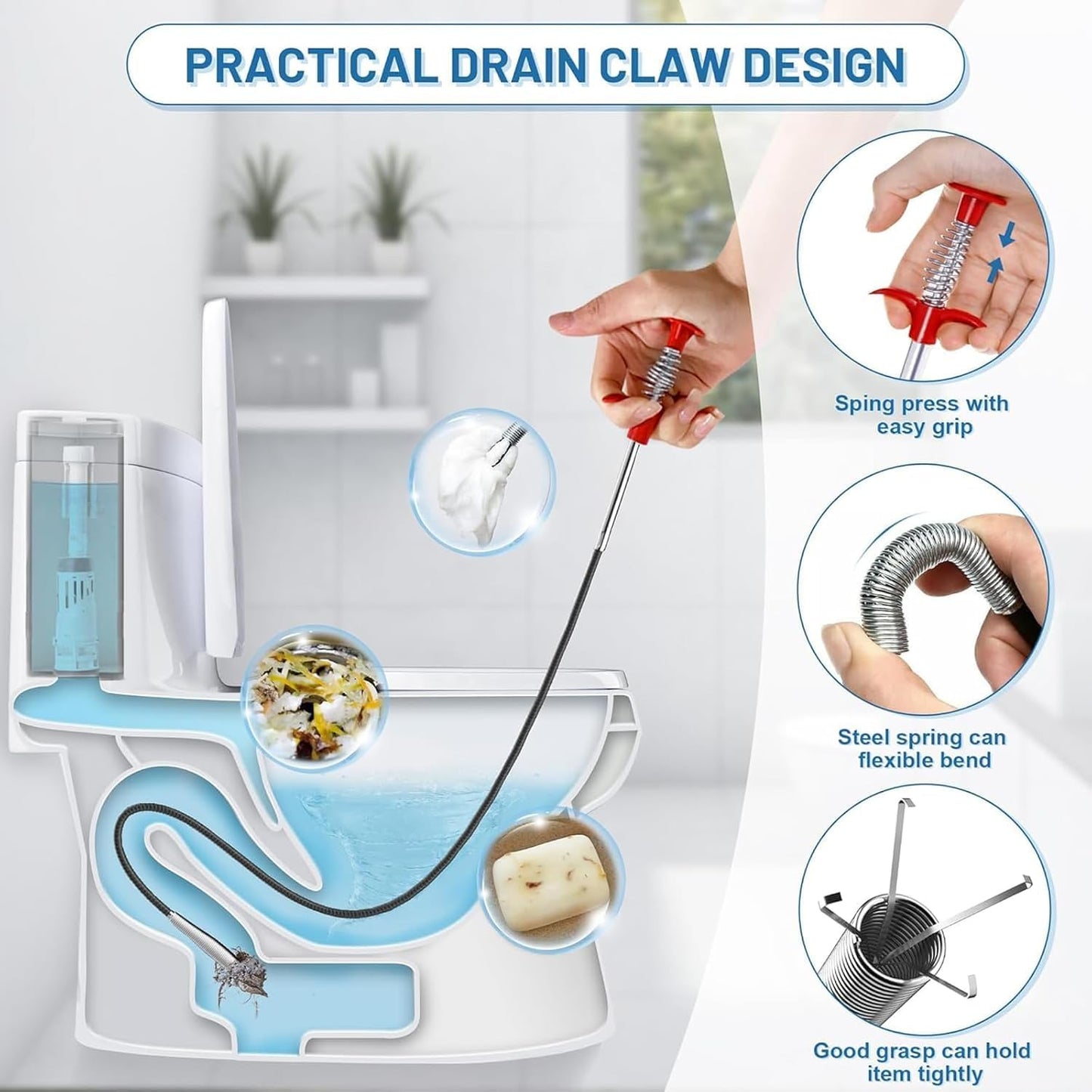 Drain Snake,79 inch Flexible Grabber Claw Pick Up Reacher Tool,Drain Clog Remover - Gutter Cleaning Tools for Home Sink, Bathroom Tub,Drain, Toilet, Tight Spaces