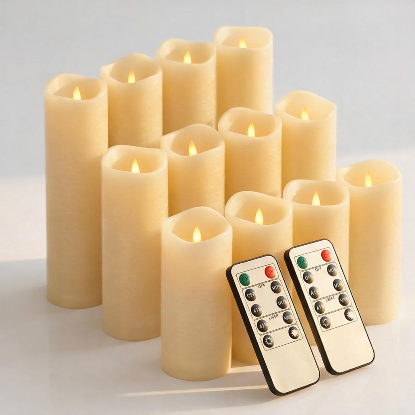 Set of 24 Slim Outdoor LED Candles, Battery Operated Flickering Fake Candles with 10-Key Timers for Patio & Porch Decor, 2.2 Inch Diameter Waterproof Resin Pillars for Large Events & Sconces (White)