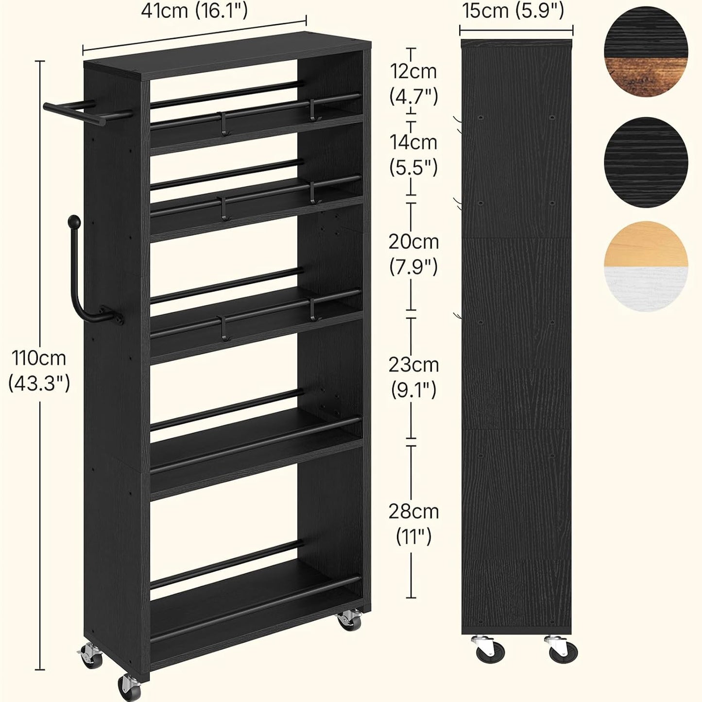 YATINEY 6 Tier Slim Storage Cart, Rolling Utility Cart with 360° Lockable Casters, Handle and 6 Hooks, Space Saving Organizer for Kitchen, Bathroom, Laundry Room, White BC11WN