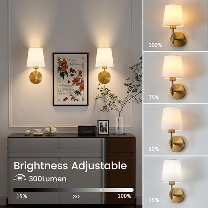 Battery Operated Wall Sconce Set of 2, Brushed Gold Rechargeable Wall Lights with Remote Control and Dimmable LED Bulbs, 13 Light Colors Wireless Wall Lamps for Bedroom Living Room Hallway (Gold)