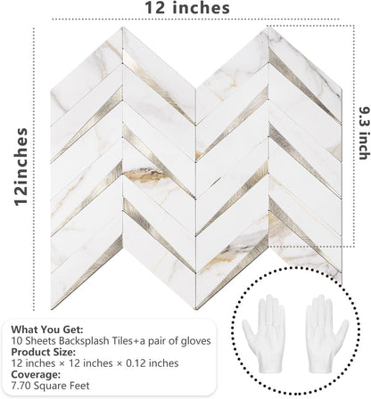 STICKGOO 10-Sheet Herringbone Tile Peel and Stick Backsplash, Beige Mixed Metal Gold PVC Stick on Backsplash, Self Adhesive Wall Tile for Kitchen and Bathroom