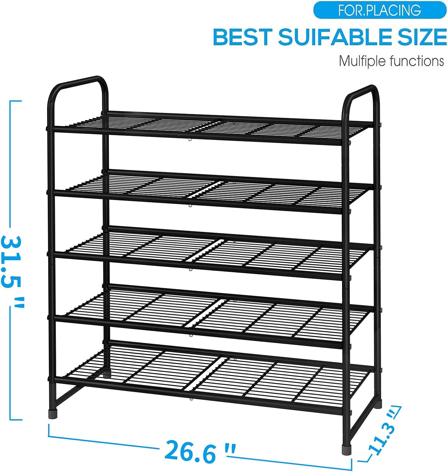 Simple Trending 3-Tier Stackable Shoe Rack, Expandable & Adjustable Shoe Shelf Storage Organizer, Wire Grid, Black