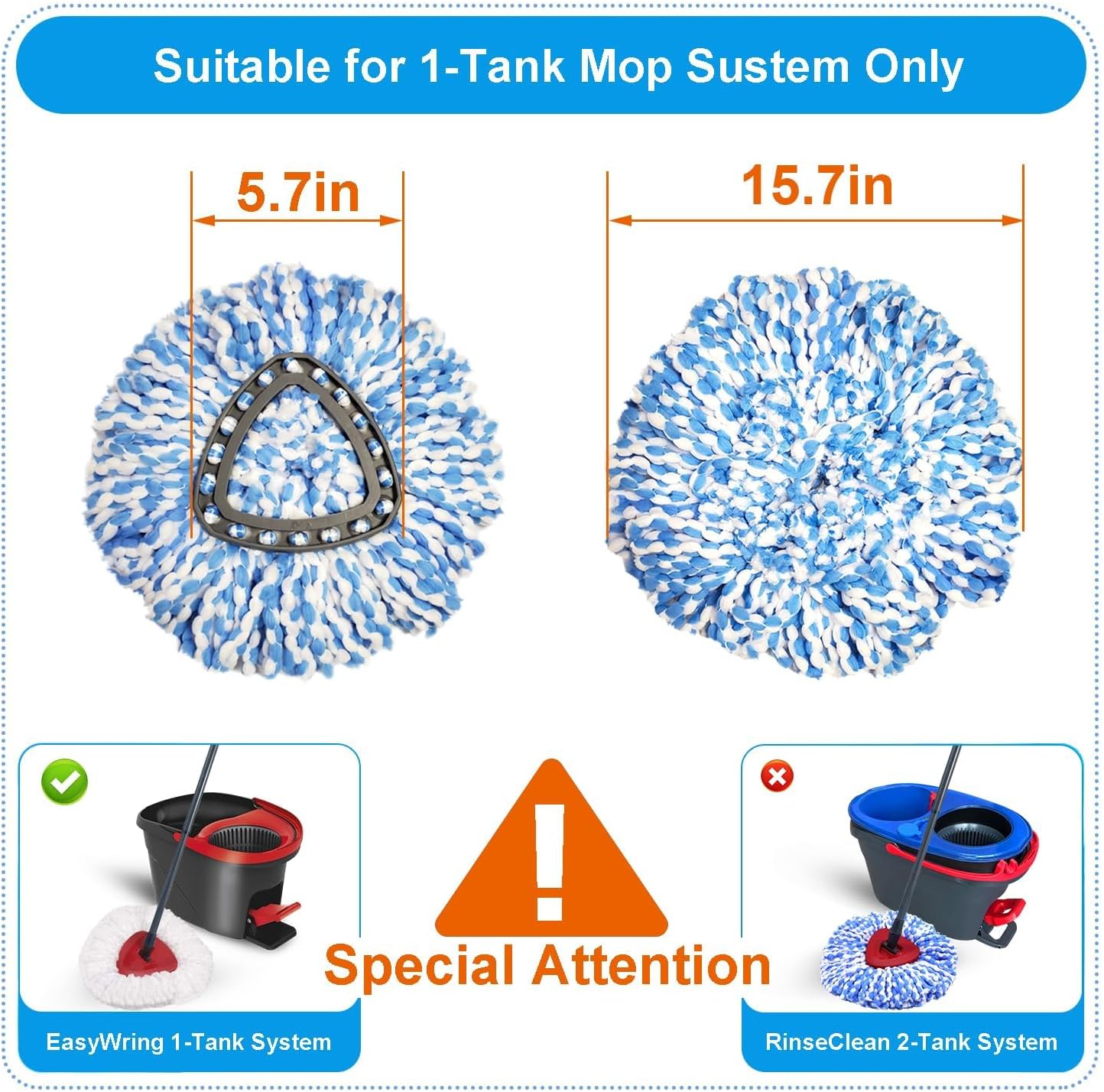 Easywring 1-Tank System,Mop Replacement Heads for O-Ceda Mop Replace Head, Spin Mop Heads Replacements, Microfiber Spin Mop Refills, Easy Cleaning Mop Head Replacement (White-3pcs)