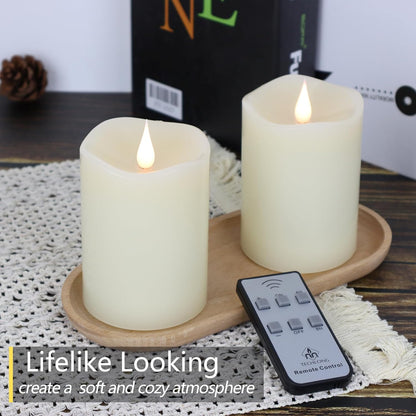 TECHLONG Flameless Candles Battery Operated with Remote Timer, 3D Moving Flame Flickering, Last 600+ Hours Battery Candles, 3" x 3" Ivory Real Wax Electric LED Candle for Wedding Party, Set of 2