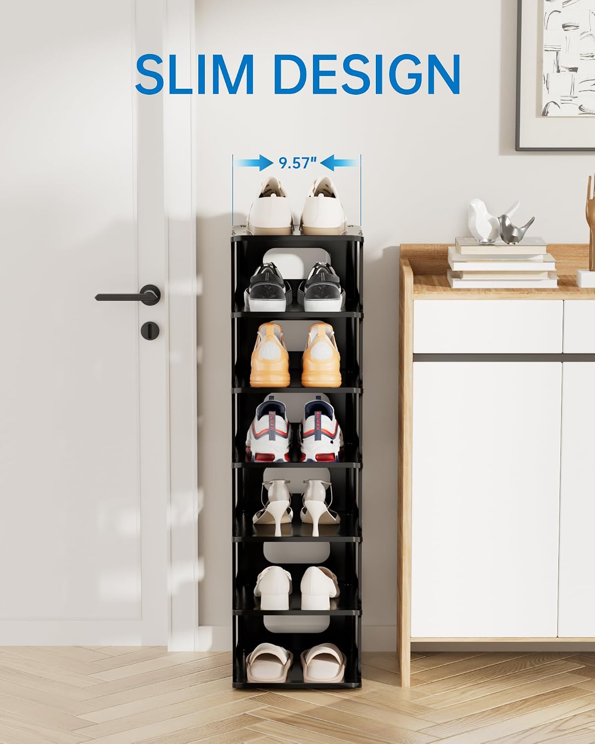 HAIXIN Vertical Narrow Tall Shoe Rack for Front Door Entrance, 7-Tier Sturdy Stackable Shoe Rack Organizer for Closet Entryway, Corner Shoe Storage Shelf Shoe Cubby