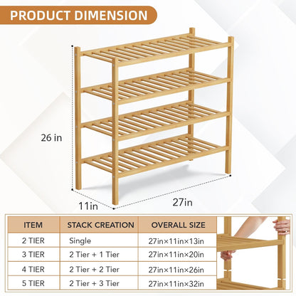 4 Tier Bamboo Shoe Rack Storage Organizer for Closet, Multifunctional Stackable Free Standing Shoe Shelf Organizer for Small Space,Entryway, Hallway, Bathroom27 x11 x26(White, 4 Tier)