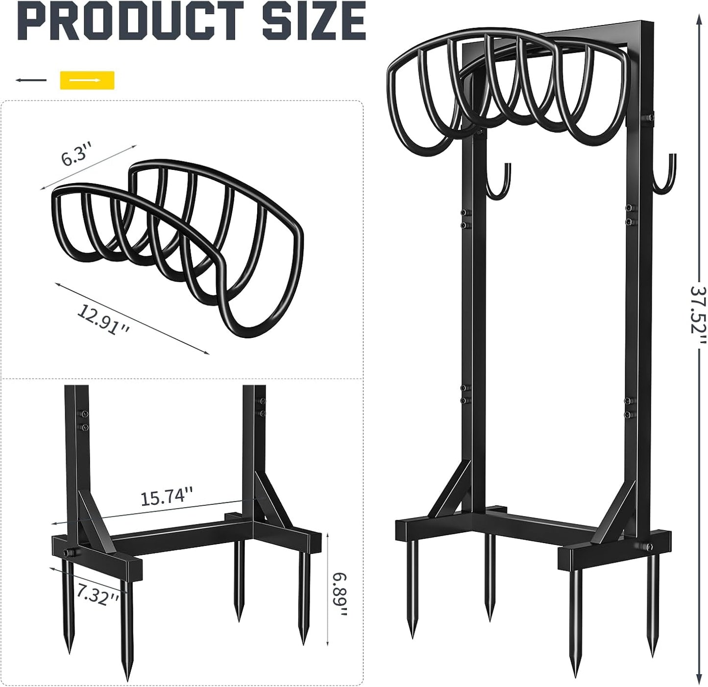 Kesfitt Garden Hose Holder Stand with Tool Storage Basket & 4 Spikes, Detachable Heavy Duty Metal Freestanding Outdoor Organizer for Lawn Yard Water Storage Rack