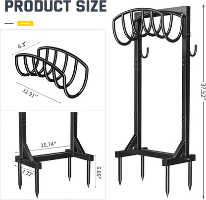 Kesfitt Garden Hose Holder Stand with Tool Storage Basket & 4 Spikes, Detachable Heavy Duty Metal Freestanding Outdoor Organizer for Lawn Yard Water Storage Rack