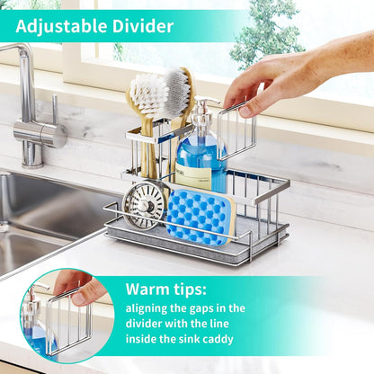 HapiRm Sink Caddy Sponge Holder - Kitchen Sink Organizer with Instant Drying Stone and Brush Holder, Stainless Steel Sponge Caddy for Kitchen Countertop - Black