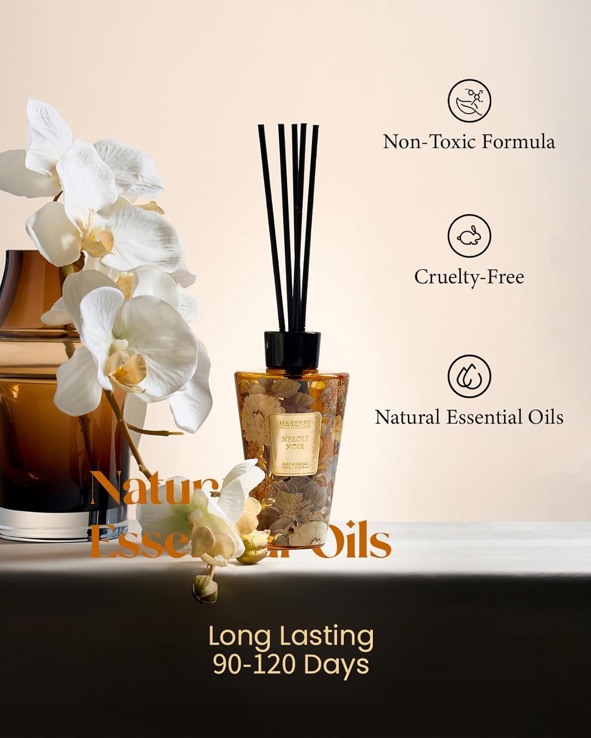 M&SENSE Reed Diffuser Set, Jasmine Sandalwood Scented 6.3 fl oz Natural Essential Oil Diffusers with Sticks, Non-Toxic Organic Air Freshener, Long-Lasting Fragrance Oils for Home Bathroom Living Room
