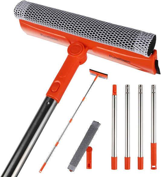 Window Squeegee with 62" Adjustable Stainless Steel Pole —2-in-1 Sponge Scrubber &Streak-Free Blade, No Ladder for 1-Story &Skylights,Car &RV Windshields,Shower Doors,Tile Orange