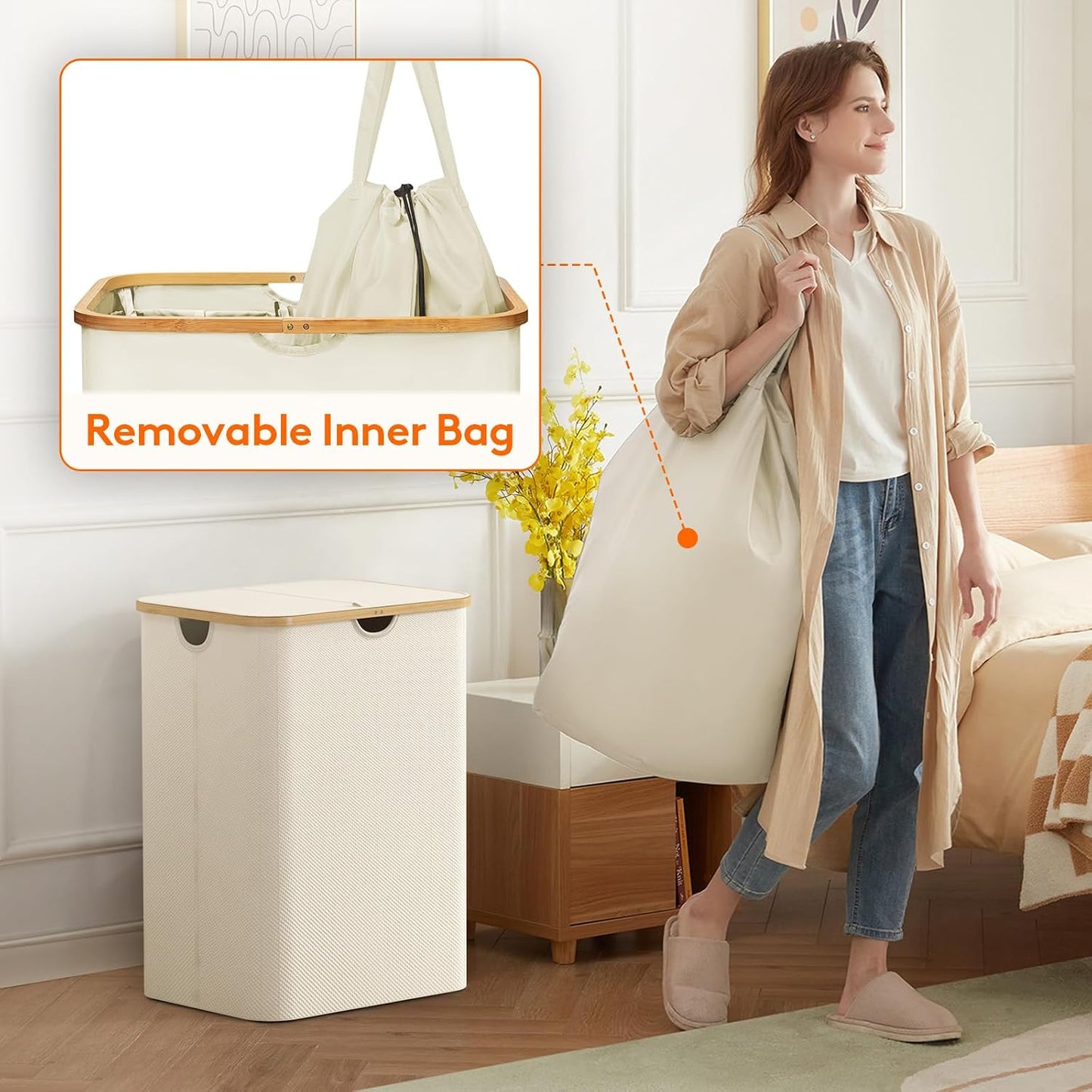 Lifewit 120L Laundry Basket with Lid, Clothes Hampers for Laundry with Bamboo Handles and 2 Removable Bag, Large Foldable Laundry Hamper for Bedroom, Bathroom, Dorm, Laundry Room, Beige