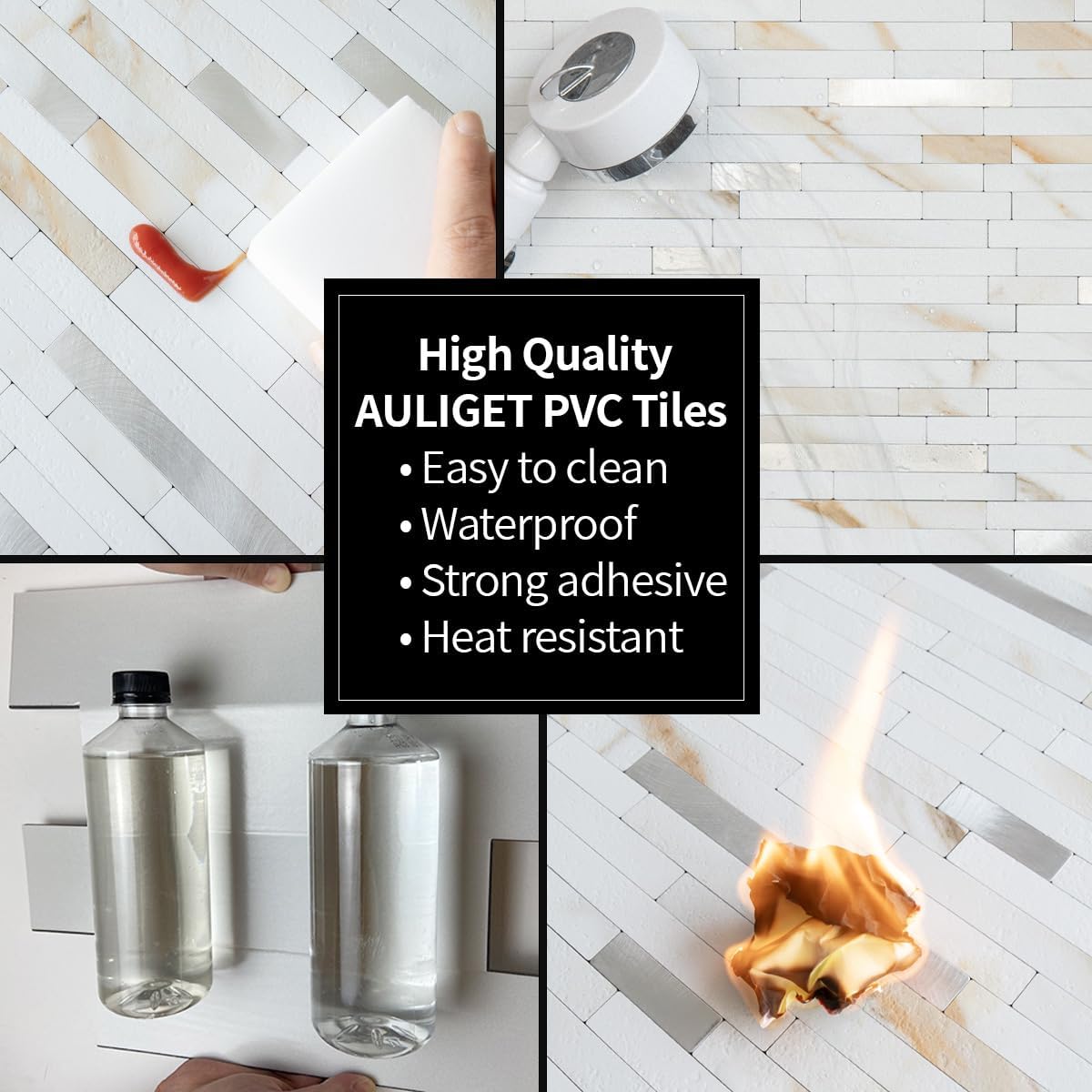 AULIGET 20 Sheets Peel and Stick Backsplash, Black & Grey Wood Look PVC Mixed Metal Stick on Backsplash Tiles for Kitchen