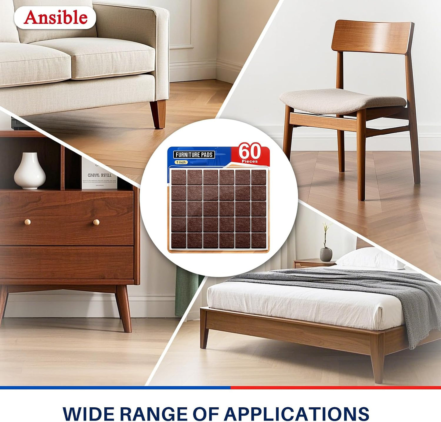 Ansible 60 PCS Felt Furniture Pads 1", Felt Pads for Chair Leg Floor Protectors for Hardwood Floors Round (Beige)