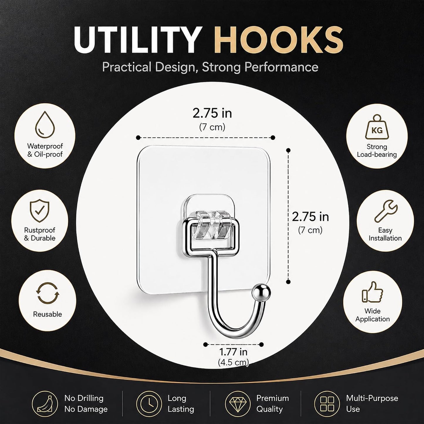 Heavy Duty Adhesive Hooks 60lb Max, 12 Pack Wall Hooks, Strong Stick On Hooks Traceless Waterproof & Rustproof for Bathroom Kitchen Home Hanging (12, Clear)