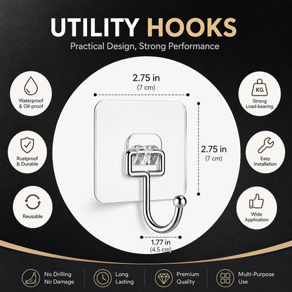 Heavy Duty Adhesive Hooks 60lb Max, 12 Pack Wall Hooks, Strong Stick On Hooks Traceless Waterproof & Rustproof for Bathroom Kitchen Home Hanging (12, Clear)