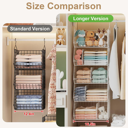 Jautokerdar 4 Tier Hanging Closet Organizer with Dividers,Extra Large Storage Hanging Shelf with 5 S Hooks 4 Dividers,Hang on Wire Closet Shelving Clothes Organizer-Black