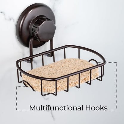 HASKO Suction Cup Soap Dish for Shower Wall, Rustproof Stainless Steel Shower Soap Holder for Bathroom with Hooks and Soap Saver, Includes Optional No Drill Adhesive Mount, Silver