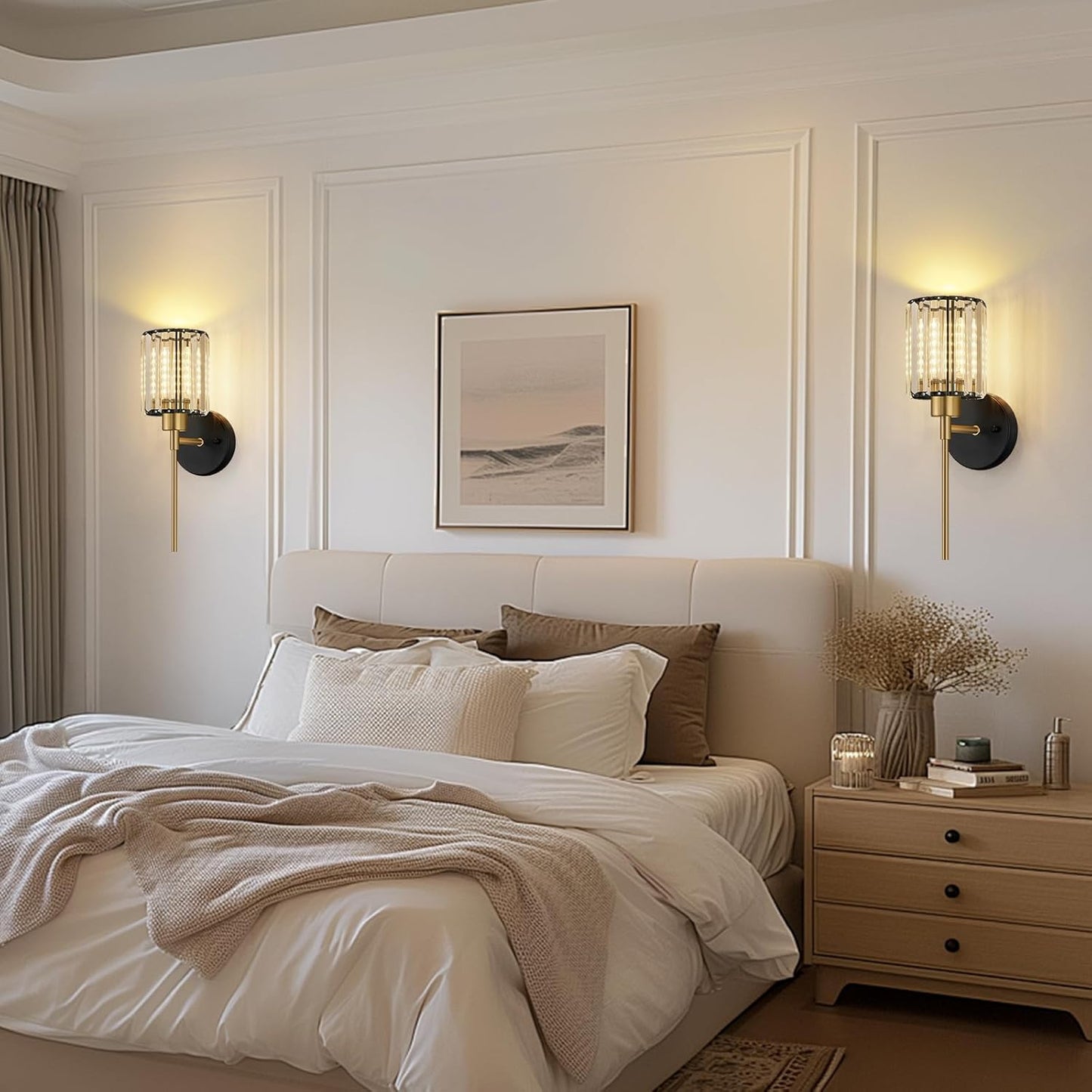 Crystal Battery Operated Wall Sconces, Brushed Gold Rechargeable Wireless Wall Sconce Lights with Dimmable Bulbs and Remote, 12 Colors and 3CCT Dimmable Crystal Lamps for Living Bedroom, 3000~6000K