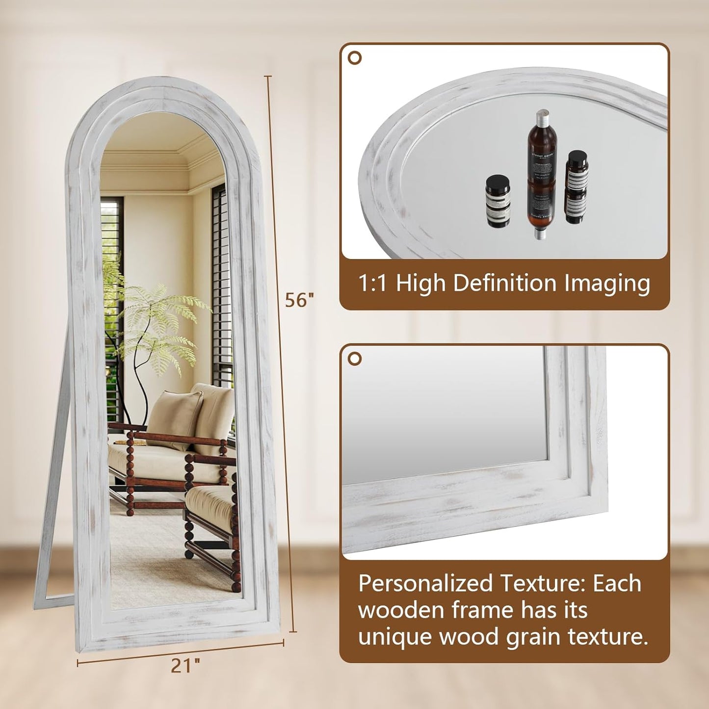 MELOMOIR Arched Full Length Mirror with Solid Wood Frame, 56"x21" Rustic Farmhouse Floor Mirror with Stand, Free Standing Leaning Hanging, for Bedroom Living Room Dressing Room Entryway, Brown