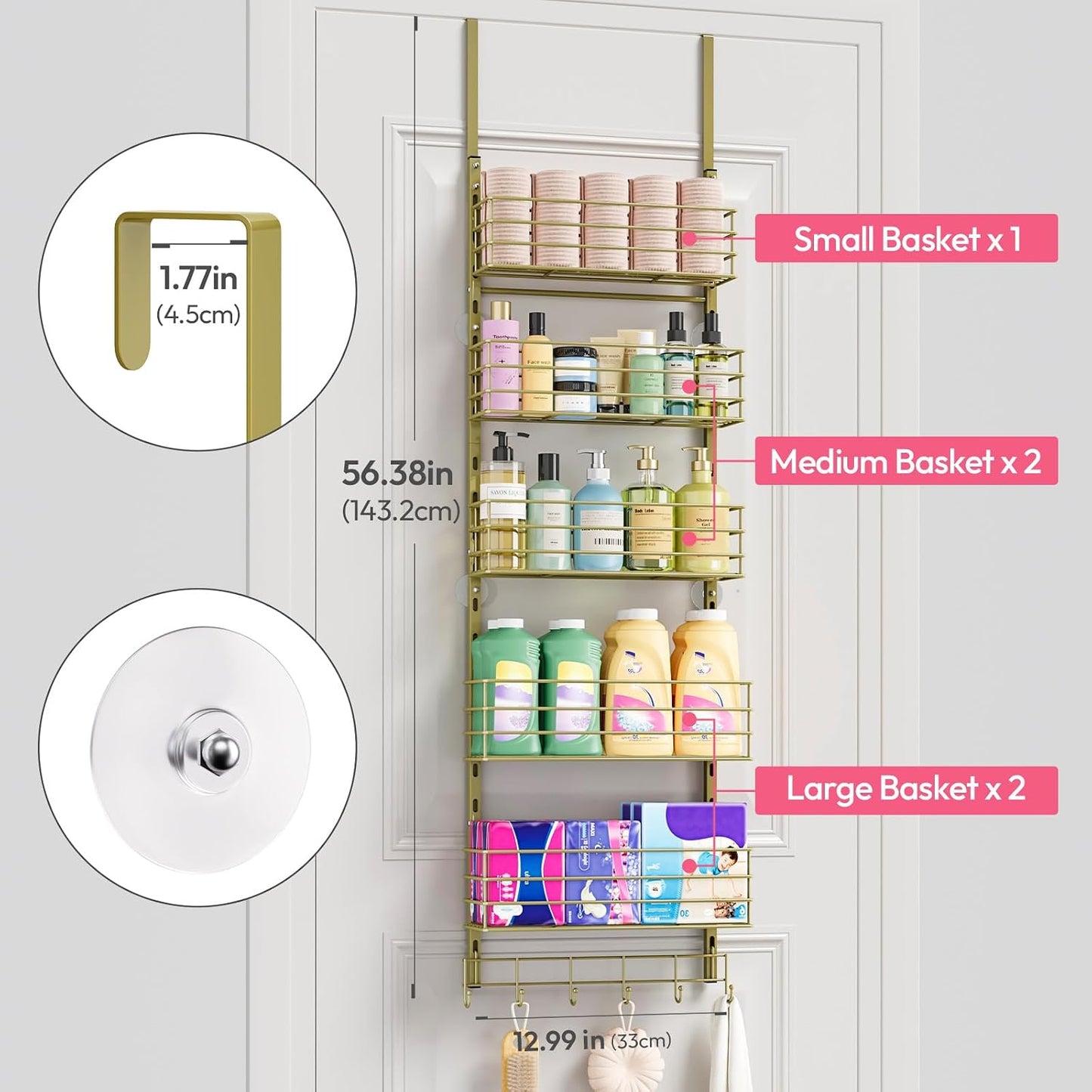 SWTYMIKI Over The Door Organizer - Door Organizer Hanging with 5 Adjustable Metal Large Capacity Basket and 6 Coat Hook, Wall Mounted Shelf for Bedroom Closet Bathroom Laundry Pantry Cabinet Kitchen