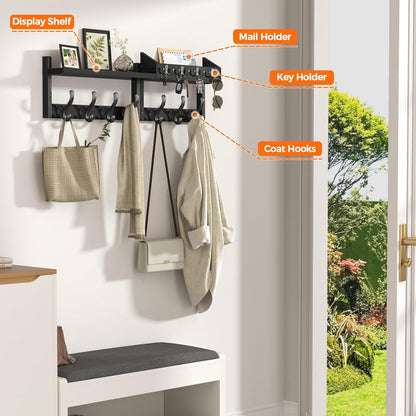 Evermagin 29" Coat Rack Wall Mount with Shelf, 4 in 1 Coat and Key Hanger with 11 Metal Hooks, Entryway Wall Mounted Shelf with Mail Holder for Living Room, Bedroom, Rustic Brown